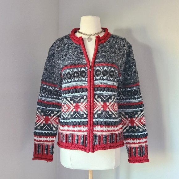 Vintage Sweaters - Vintage Wool Fairisle Zip-Up Red & Gray Sweater